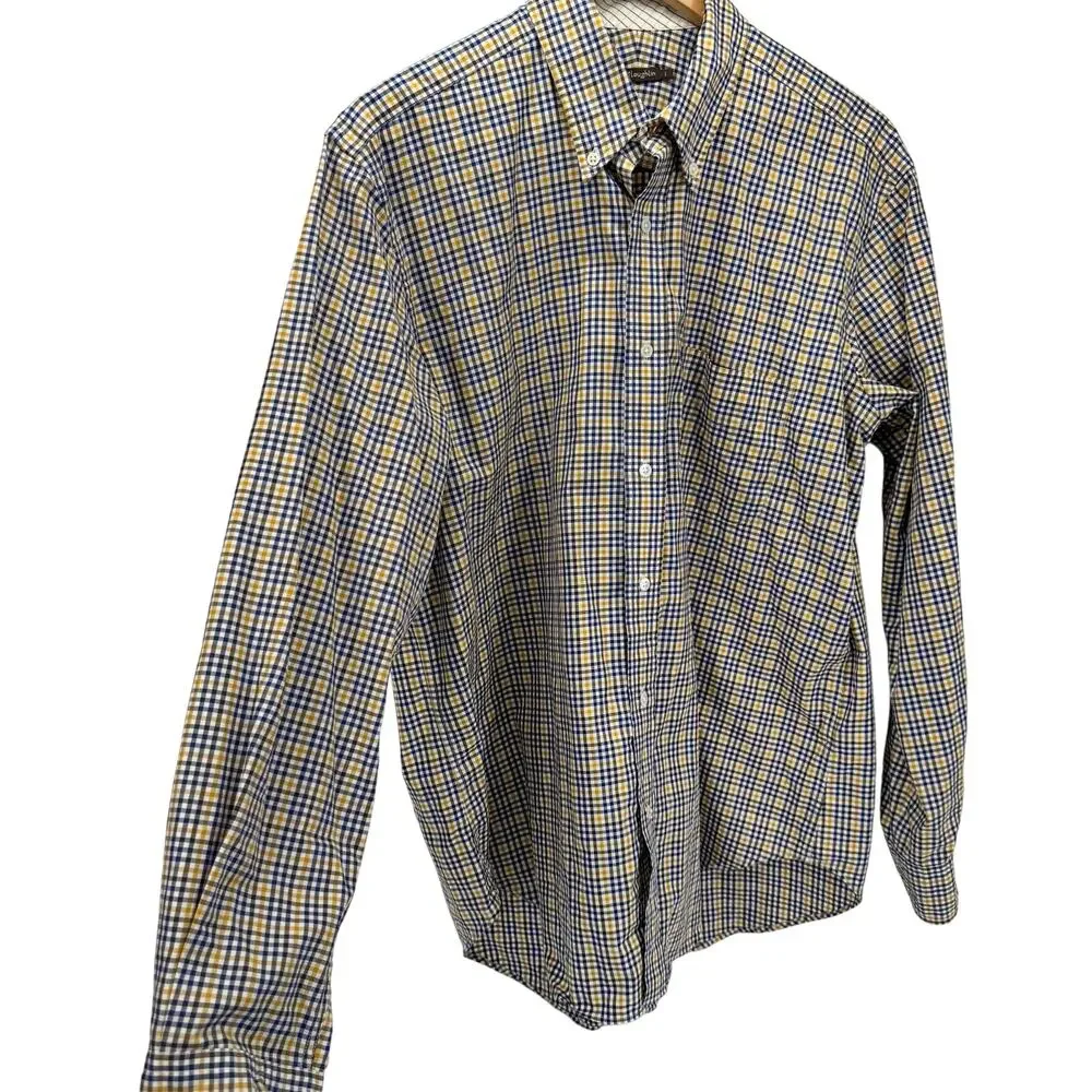 J McLaughlin Shirt Mens Large Button Down Blue Yellow Check Plaid Coastal Cotton